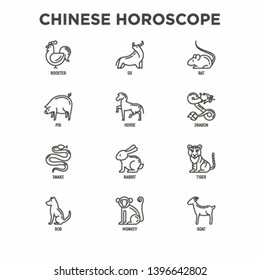 Chinese horoscope thin line icons set: rooster, ox, mouse, dragon, tiger, rabbit, pig, horse, dog, monkey, goat. Modern vector illustration for calendar.