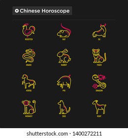 Chinese horoscope thin line icons set: rooster, ox, mouse, dragon, tiger, rabbit, pig, horse, dog, monkey, goat. Modern vector illustration for calendar.