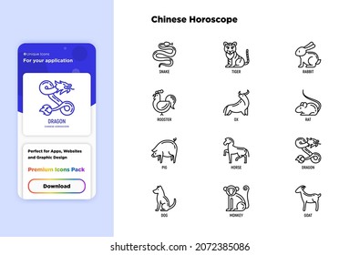 Chinese horoscope thin line icons set: rooster, ox, mouse, dragon, tiger, rabbit, pig, horse, dog, monkey, goat. Modern vector illustration for calendar.