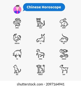 Chinese horoscope thin line icons set: rooster, ox, mouse, dragon, tiger, rabbit, pig, horse, dog, monkey, goat. Modern vector illustration for calendar.
