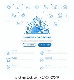 Chinese horoscope web page template. Astrologer with thin line animal icons around: rooster, ox, mouse, dragon, tiger, rabbit, pig, horse, dog, monkey, goat. Modern vector illustration for calendar.