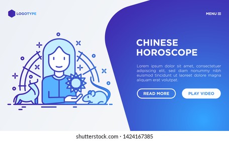 Chinese horoscope web page template. Astrologer with gradient flat animal icons around. Modern vector illustration.