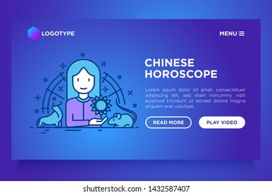 Chinese horoscope web page template  thin line icons set: rooster, ox, mouse, dragon, tiger, rabbit, pig, horse, dog, monkey, goat. Modern vector illustration for calendar.
