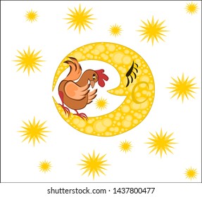 Chinese horoscope - Year of the chicken, the chicken in the starry sky sits on the moon. Illustration on white background