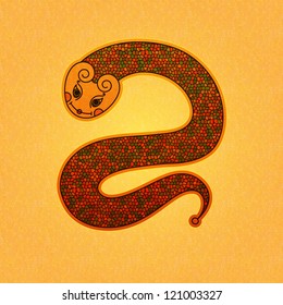 Chinese horoscope. Year of the snake. The vector art image. Cute snake on gold textured background. Vector mascot can be used for banners, gift cards, web, logo design, games, and more other cases.