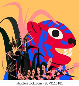 Chinese horoscope, year of the tiger. Greeting card, banner. Vector illustration. Hand-drawn cartoon character.