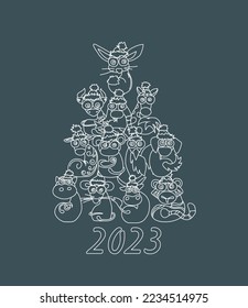 Chinese horoscope for the years of animals. Line art set of 12 animals characters and their footprints: tiger, bull, rat, rooster, monkey, sheep, dog, dragon, snake, pig, rabbit, horse.