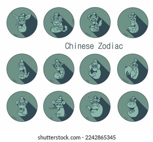 Chinese horoscope for the years of animals. Line art set of 12 animals characters and their footprints: tiger, bull, rat, rooster, monkey, sheep, dog, dragon, snake, pig, rabbit, horse.