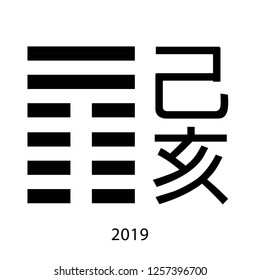 Chinese Horoscope - Yellow Earth Pig. Chinese happy New Year 2019. Chinese hieroglyphs translation is the Year of the pig. Earth Boar year.