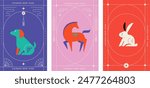 Chinese horoscope zodiac collection, geometric minimalist style. Animals symbols of Chinese New year . Set of mascots: rabbit, dragon, snake, tiger, ox, rat, pig, dog, rooster, monkey, goat, horse