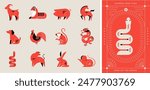 Chinese horoscope zodiac collection, geometric minimalist style. Animals symbols of Chinese New year . Set of mascots: rabbit, dragon, snake, tiger, ox, rat, pig, dog, rooster, monkey, goat, horse