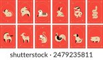 Chinese horoscope zodiac collection, geometric minimalist style. Animals symbols of Chinese New year . Set of mascots: rabbit, dragon, snake, tiger, ox, rat, pig, dog, rooster, monkey, goat, horse