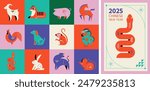 Chinese horoscope zodiac collection, geometric minimalist style. Animals symbols of Chinese New year . Set of mascots: rabbit, dragon, snake, tiger, ox, rat, pig, dog, rooster, monkey, goat, horse