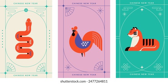 Chinese horoscope zodiac collection, geometric minimalist style. Animals symbols of Chinese New year . Set of mascots: rabbit, dragon, snake, tiger, ox, rat, pig, dog, rooster, monkey, goat, horse