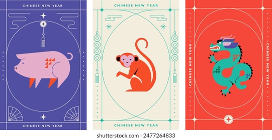 Chinese horoscope zodiac collection, geometric minimalist style. Animals symbols of Chinese New year . Set of mascots: rabbit, dragon, snake, tiger, ox, rat, pig, dog, rooster, monkey, goat, horse