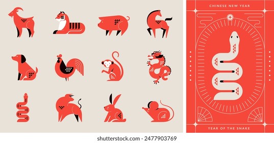 Chinese horoscope zodiac collection, geometric minimalist style. Animals symbols of Chinese New year . Set of mascots: rabbit, dragon, snake, tiger, ox, rat, pig, dog, rooster, monkey, goat, horse