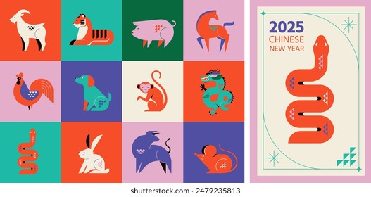 Chinese horoscope zodiac collection, geometric minimalist style. Animals symbols of Chinese New year . Set of mascots: rabbit, dragon, snake, tiger, ox, rat, pig, dog, rooster, monkey, goat, horse