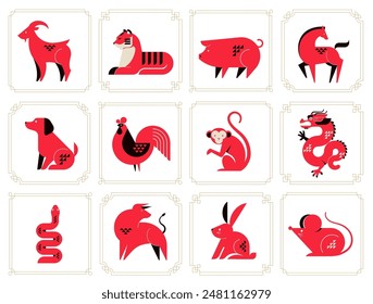 Chinese horoscope zodiac collection, geometric minimalist style. Animals symbols of Chinese New year . Set of mascots: rabbit, dragon, snake, tiger, ox, rat, pig, dog, rooster, monkey, goat, horse