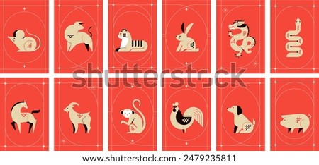 Chinese horoscope zodiac collection, geometric minimalist style. Animals symbols of Chinese New year . Set of mascots: rabbit, dragon, snake, tiger, ox, rat, pig, dog, rooster, monkey, goat, horse