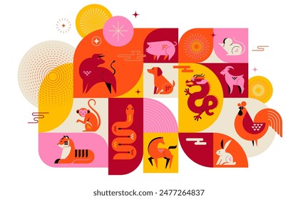 Chinese horoscope zodiac concept design, poster, banner. Geometric minimalist style. Animals symbols of Chinese New year . Set of mascots: rabbit, dragon, snake, tiger, ox, rat, pig, dog, rooster