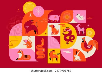 Chinese horoscope zodiac concept design, poster, banner. Geometric minimalist style. Animals symbols of Chinese New year . Set of mascots: rabbit, dragon, snake, tiger, ox, rat, pig, dog, rooster