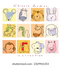 El zodiaco del horóscopo chino puso la línea de ilustración vectorial. Colección de símbolos animales del año de China.