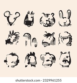 Chinese horoscope zodiac set line art vector illustration. Collection of animals symbols of China year.