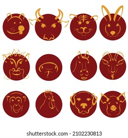 Chinese horoscope zodiac signs set, yellow animal silhouettes on red circles vector illustration