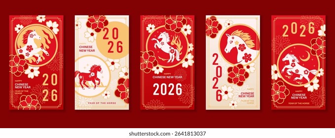 Chinese horse new year cards. Traditional asian horoscope symbol, red flowers patterned animal silhouettes, fiery steed, celebration 2026, zodiac posters, flyer template, tidy vector set