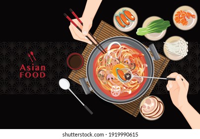 chinese hot pot Asian food, Eating Shabu Shabu and Sukiyaki in hot pot , vector illustration