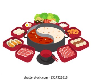 Chinese hot pot. half spicy and half regular soup with ingredient in the tray. Vector illustrate.