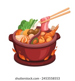 Sopa de olla caliente china Vector de ilustración de dibujos animados de comida asiática