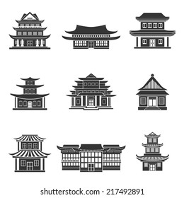 Chinese House Ancient Temples Traditional Oriental Buildings Black Icons Set Isolated Vector Illustration