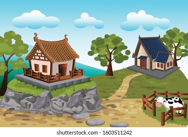 Chinese house and cow raising In the view of agriculture