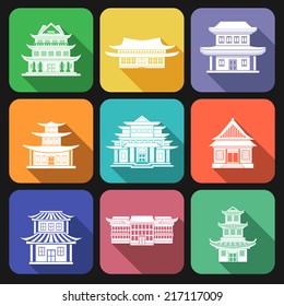 Chinese house traditional wooden oriental buildings flat icons set isolated vector illustration