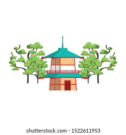 chinese house and trees around over white background, vector illustration