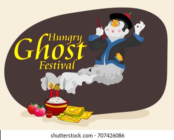 Chinese hungry ghost festival  with Chinese little zombie illustration background 