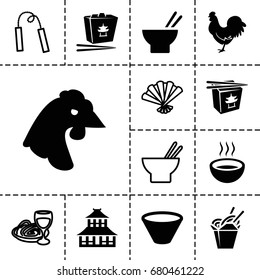 Chinese icon. set of 13 filled and outline chinese icons such as chicken, temple, chinese fast food, asian food, soup, bowl, pasta and wine glass, fan
