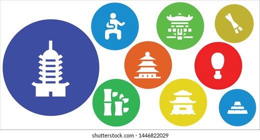 chinese icon set. 9 filled chinese icons.  Collection Of - Pagoda, Martial arts, Bamboo, Fried chicken, Chopsticks, Ingots