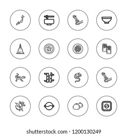 Chinese icon set. collection of 16 outline chinese icons with bamboo, bowl, chow mein, dragon, dumpling, japan, noodles, pagoda, rice, soup icons. svg