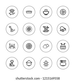 Chinese icon set. collection of 16 outline chinese icons with bamboo, buddhism, chow mein, dumpling, kasa, kendo, korean, noodle soup, noodles, pagoda, rat, soup, snake icons.