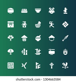 chinese icon set. Collection of 25 filled chinese icons included Rooster, Chinese knot, Bamboo, Xing, Tatami, Buddhism, Noodles, Sensu, Kunai, Kasa, Rice, Paper fan, Martial arts