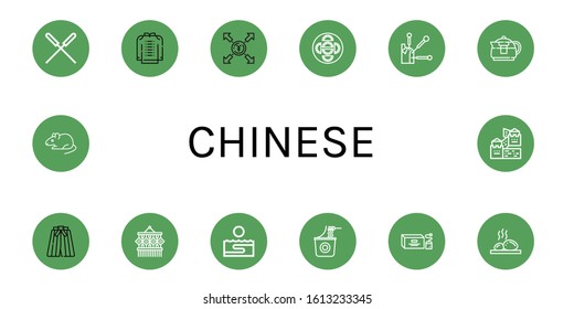 chinese icon set. Collection of Acupuncture, Kimono, Yen, Dumpling, Teapot, Macrame, Thalassotherapy, Instant noodles, Tea bag, Lithotherapy, Rat, Great wall of china icons