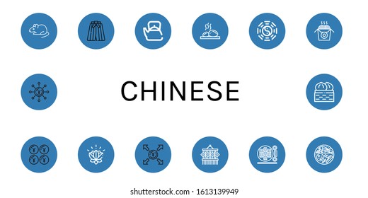 chinese icon set. Collection of Rat, Kimono, Teapot, Lithotherapy, Taoism, Noodles, Yen, Lotus, Macrame, Sushi roll, Thai food, Dumpling icons