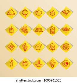Chinese icon set gong xi fa cai on note yellow paper, vector Illustration