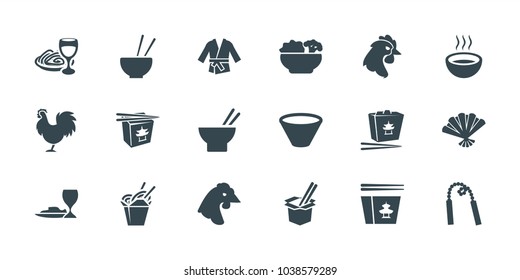 Chinese icons. set of 18 editable filled chinese icons: chicken, chinese fast food, asian food, pasta and wine glass, soup, fan, bowl, kimono