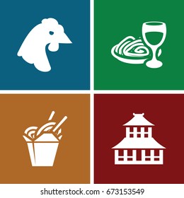 Chinese icons set. set of 4 chinese filled icons such as chicken, temple, chinese fast food