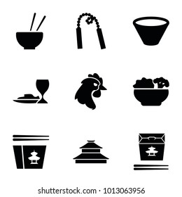 Chinese icons. set of 9 editable filled chinese icons such as food, bowl, chain weapon, chicken, temple, chinese fast food, asian food