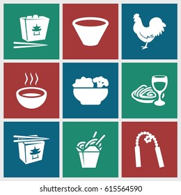Chinese icons set. set of 9 chinese filled icons such as chicken, chinese fast food, pasta and wine glass, soup, food, bowl