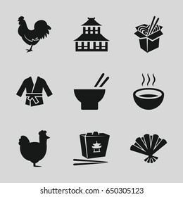 Chinese icons set. set of 9 chinese filled icons such as chicken, temple, chinese fast food, asian food, noodles fast food, soup, fan